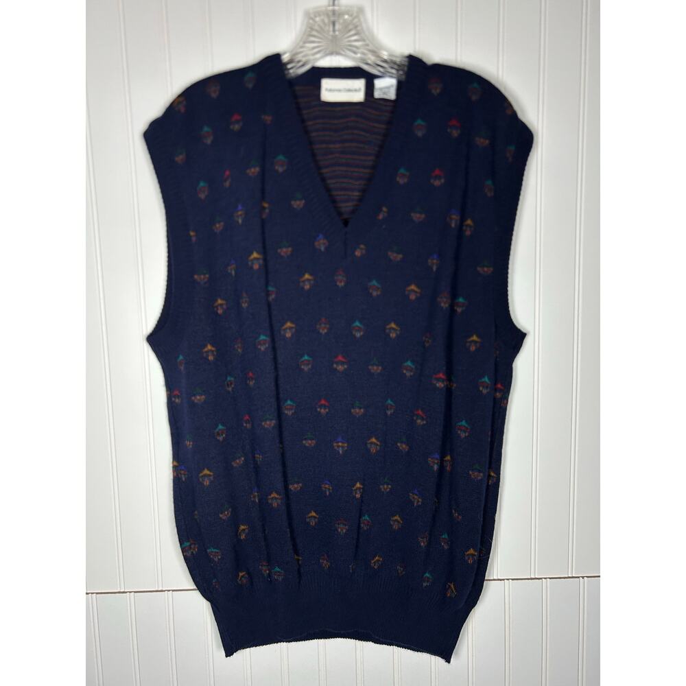 Vintage Potomac Collection Sweater Vest Men'sX L Navy Blue V Neck printed office